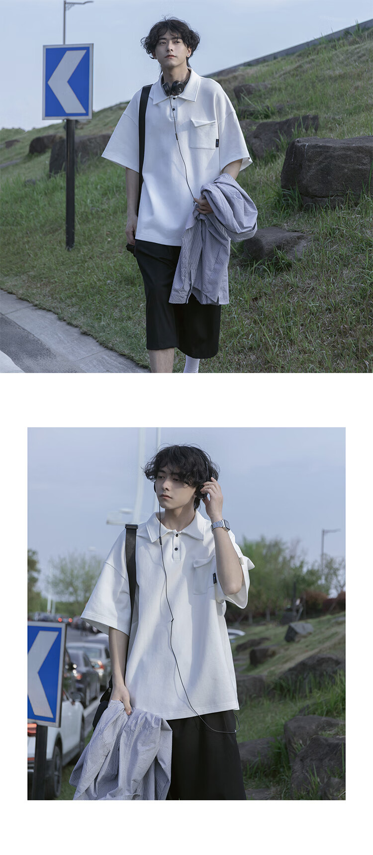 布须曼少年感穿搭日系棒球polo衫短袖男夏季衬衫领t恤ins重磅纯白七