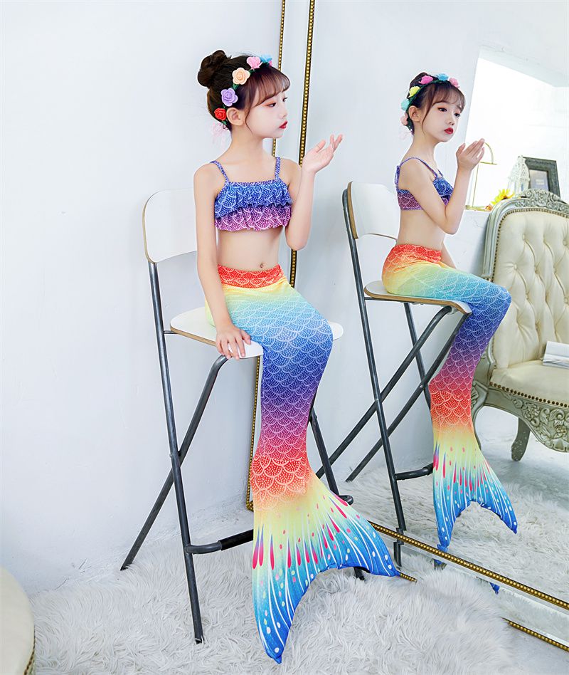 美人鱼尾巴女童公主泳衣裙分体比基尼游泳装服装儿童温泉套装kh13蓝色