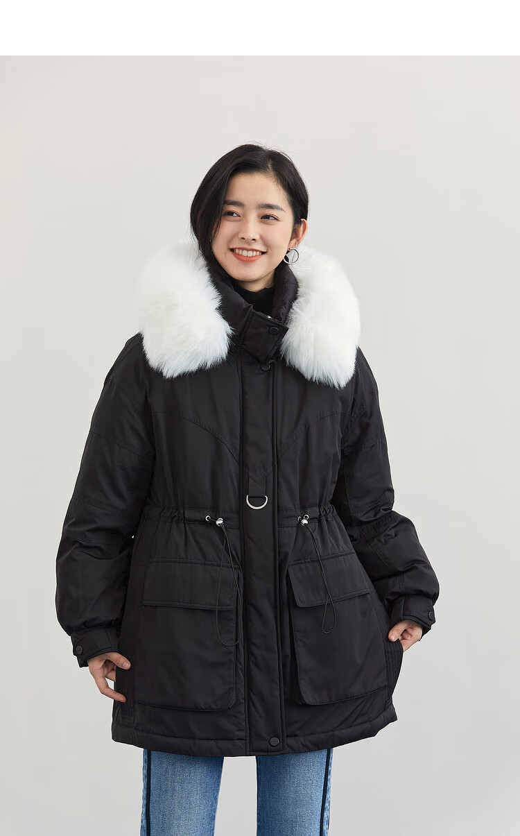 茵曼冬装新款可拆卸蓬松毛绒领腰部抽绳长款羽绒服厚款外套女1814007