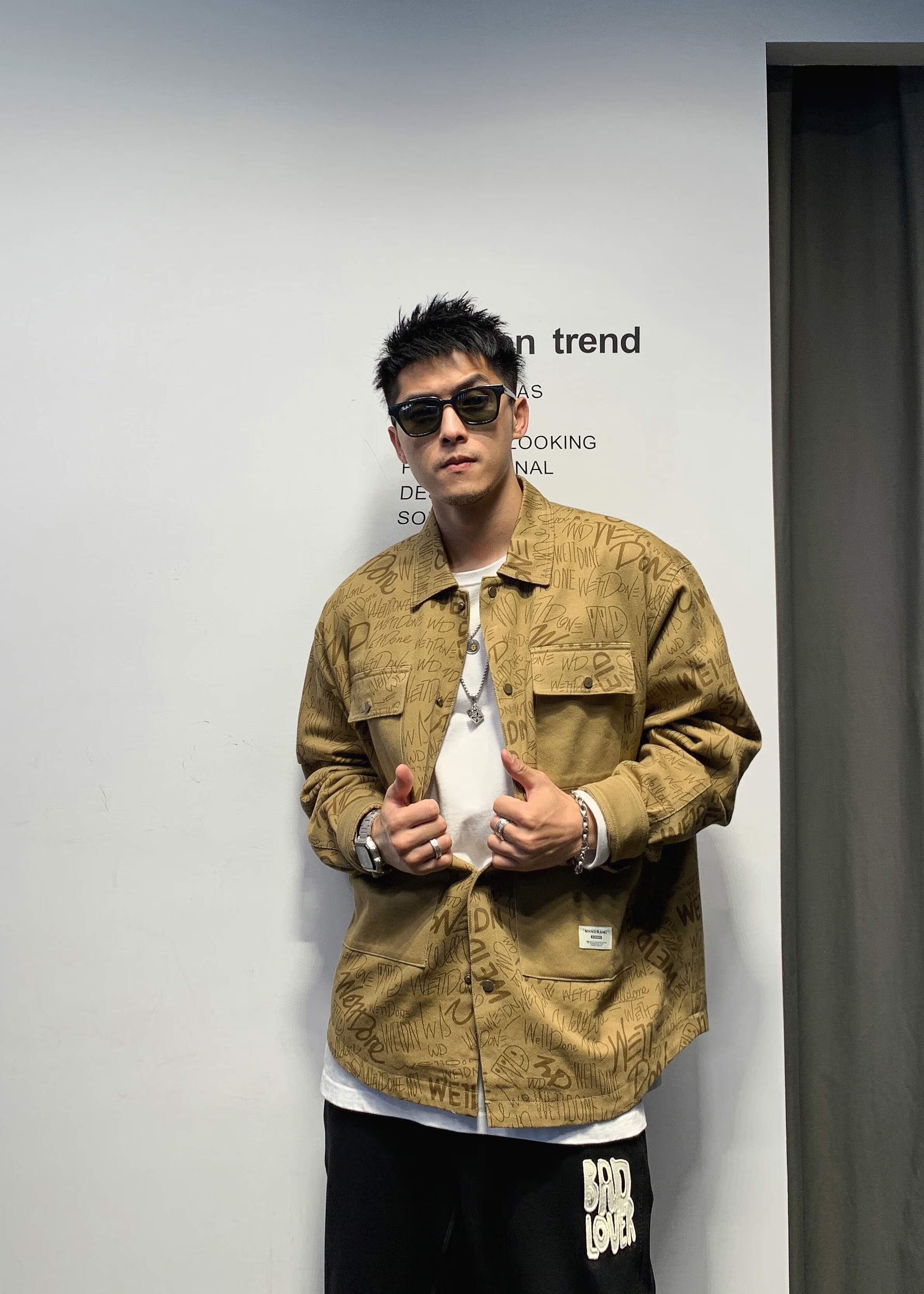 花邻序徐太浪纯色涂鸦痞帅衬衫男春秋设计感潮牌男装炸街长袖衬衣外套