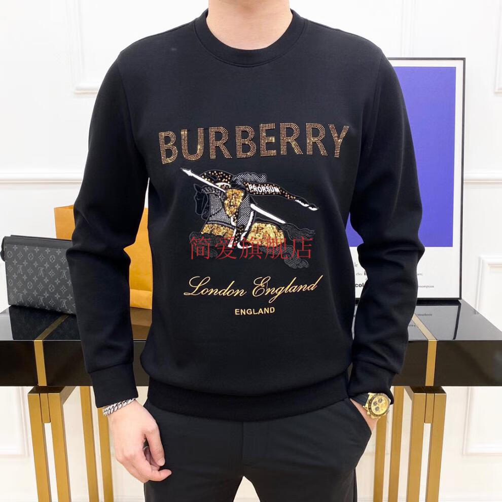 巴宝莉男装卫衣秋冬商务战马休闲潮流长袖圆领烫钻打底衫名品服饰