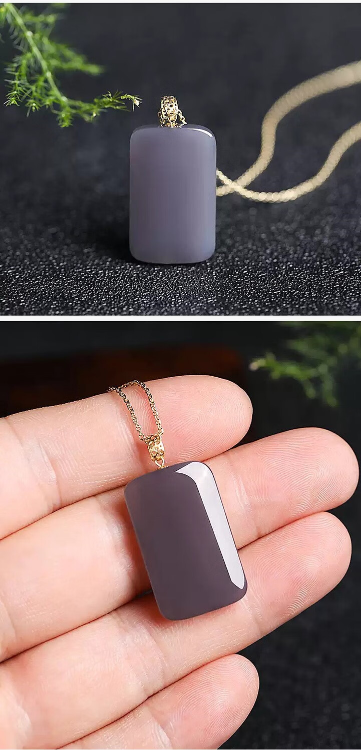 和田玉烟紫吊坠铜钱扣头无事牌女款玉佩项链金镶玉坠珠宝 欧禧 18k烟