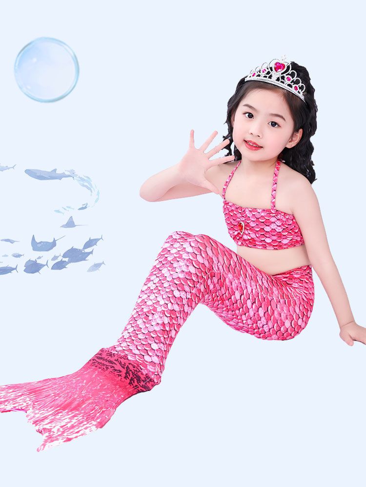 美人鱼尾巴女孩童美人鱼衣服套装游泳衣三件套小孩彩色美人鱼公主裙