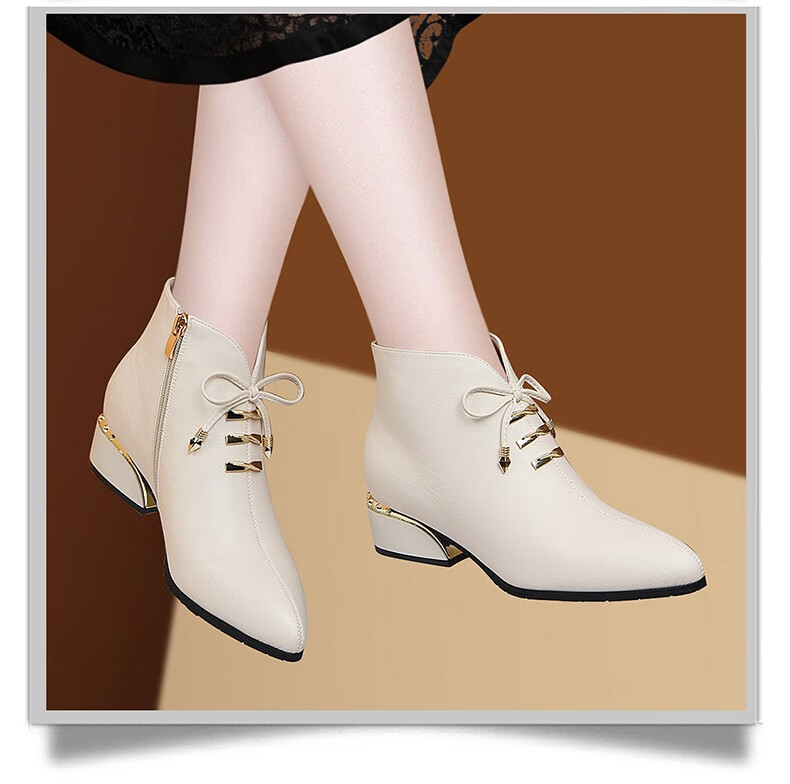 富贵鸟短靴女秋冬新品春秋冬季新款平底英伦风尖头加绒软皮鞋马丁靴小