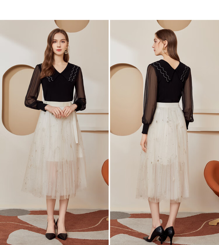 佳人苑针织衫2020秋季新款女v领宽松薄款上衣透视网纱长袖线衫 黑色 s