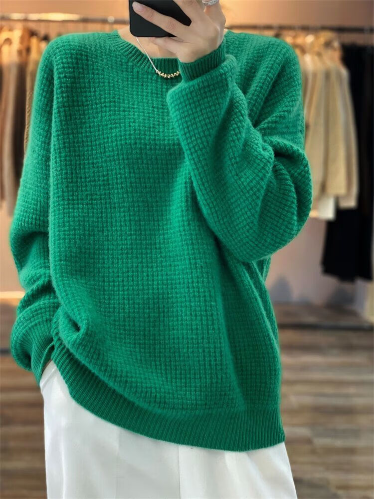 00%纯羊毛衫女冬季加厚菠萝针圆领慵懒风保暖毛衣设计感针织衫潮 青绒