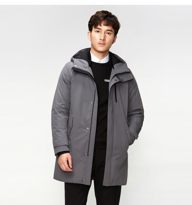 圣得西男士中长款羽绒服新款中灰连帽羽绒外套男中长款中灰18096a