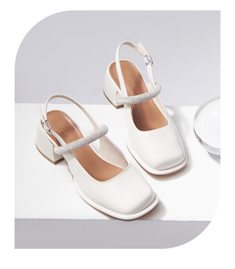 百田森方头水钻玛丽珍鞋女2022春夏新款中粗跟包头凉鞋黑色34