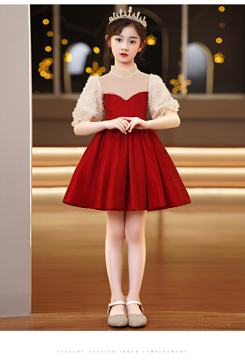 biced朗诵服装六一儿童节演出服大合唱女童主持人表演服装红色小礼服