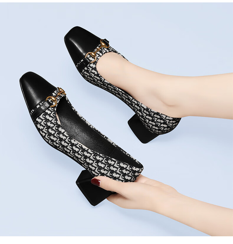 女士瓢鞋中跟夏季半根女士皮鞋方头真的皮单鞋女款穿的粗跟软皮一脚蹬