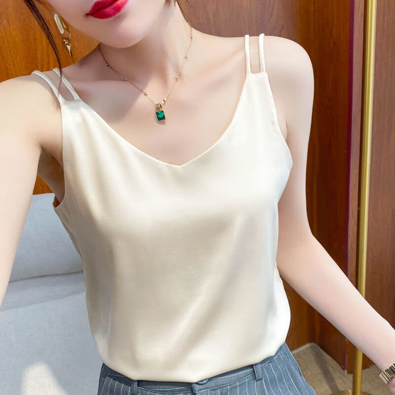 打底衫女真丝吊带背心女内搭白色黑色打底缎面桑蚕丝上衣小春夏季v领