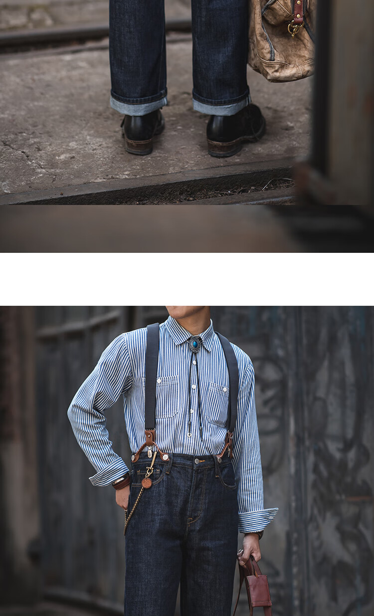 月南微秋款原色牛仔裤男铁路工装背带裤阿美咔叽机车直筒男背带裤牛仔