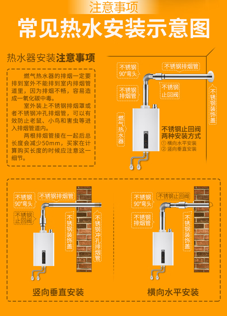 加厚304不鏽鋼排煙管6cm加長排氣管強排式燃氣熱水器安裝配件 60*50cm