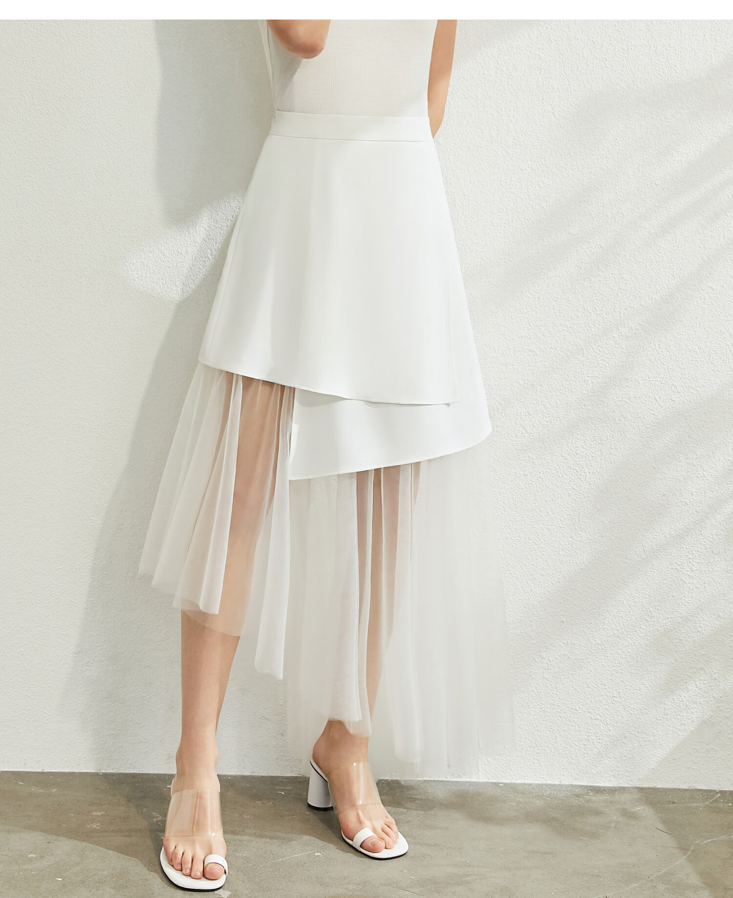 amii极简透薄网纱优雅时尚半身裙2020夏新款不规则显腿长裙子 夜黑