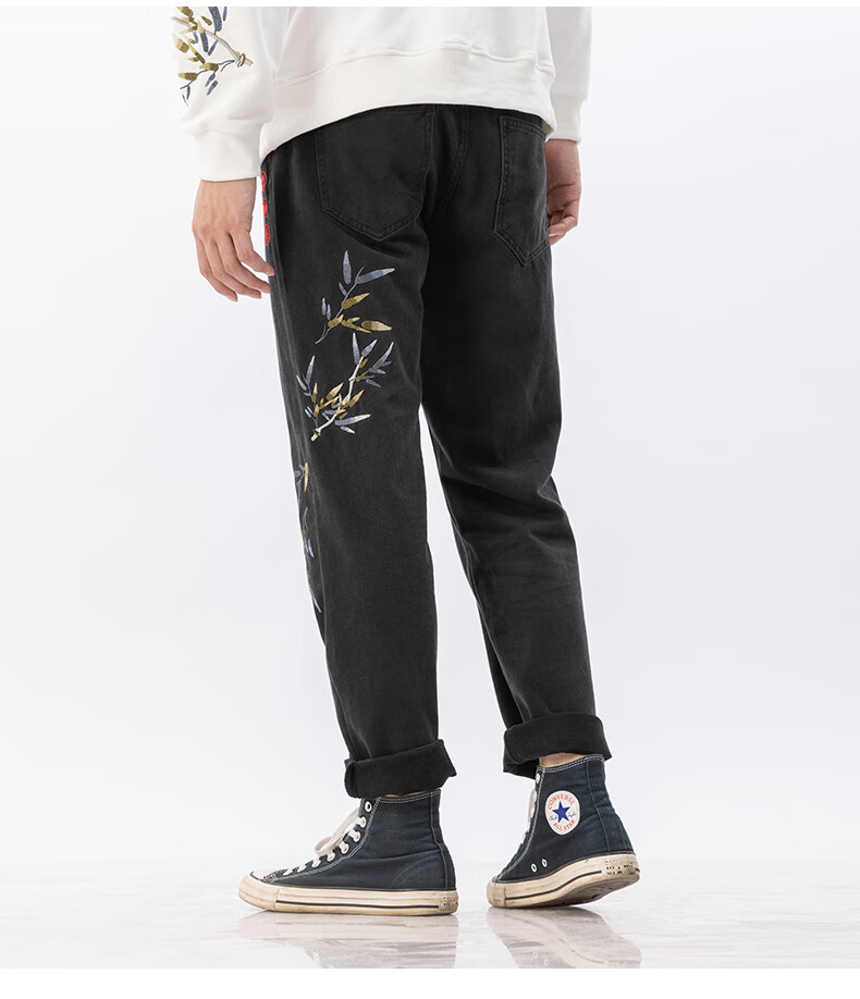 天龙致尊denon supreme牛仔裤男女潮牌秋冬季国潮金叶竹刺绣中国风
