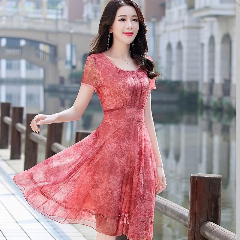 连衣裙女夏宽松 短袖雪纺中长款连衣裙夏季透气凉爽2020新款修身大码