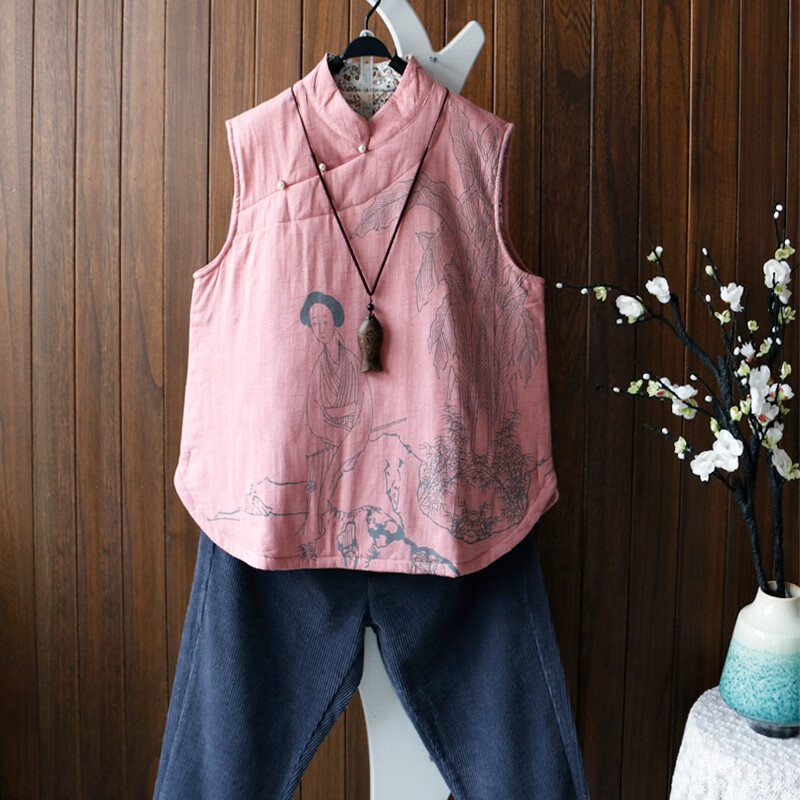 中式复古文艺棉麻夹棉马甲女新款中国风印花立领茶服加厚外套粉色均码