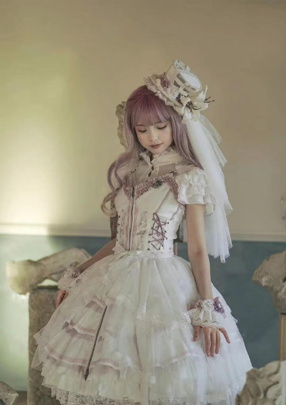 琴涅全款洛丽塔夏蔷薇jsk刺绣显瘦狗短连衣裙lolita 灰紫色jsk 黑色内