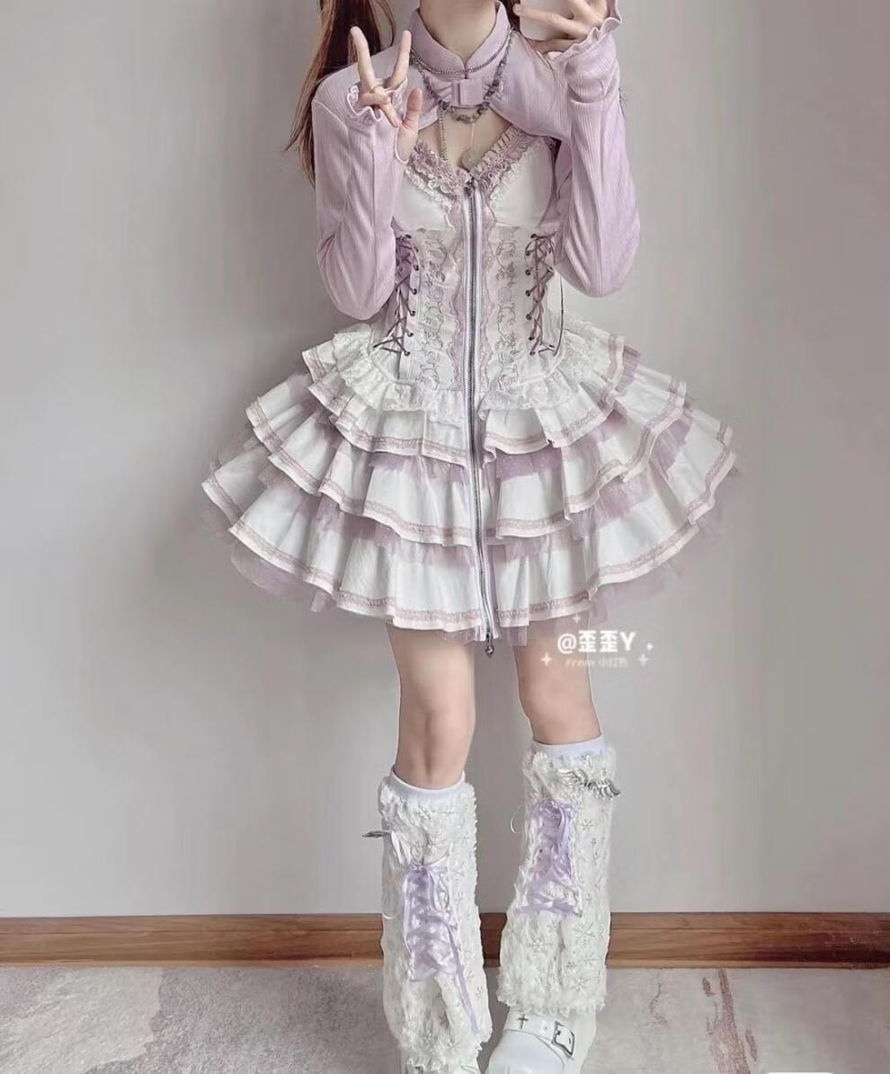 琴涅全款洛丽塔夏蔷薇jsk刺绣显瘦狗短连衣裙lolita 灰紫色jsk 黑色内