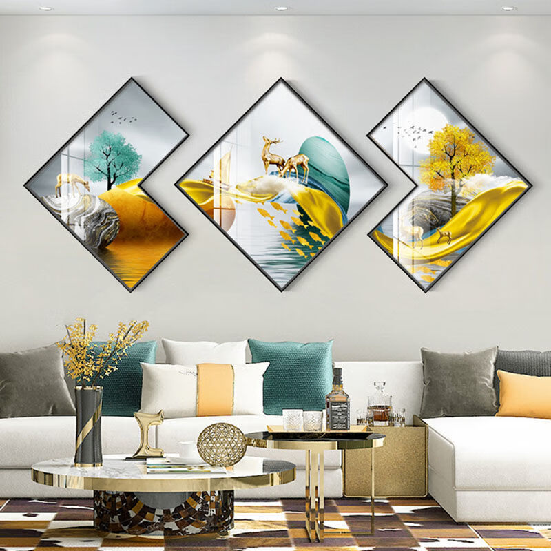 风格三联沙发背景墙画客厅装饰画北极象家和富贵057070优质外框水晶面