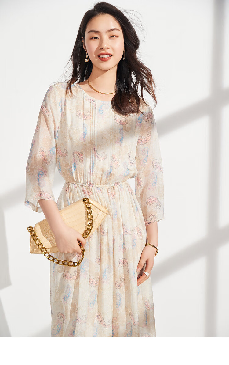 鳄鱼恤crocodile2022春夏新品100桑蚕丝乔其真丝连衣裙女气质垂顺印花