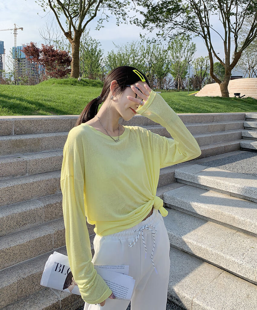 浪莎夏季新款套头防晒衫长袖面膜t恤女宽松衫打底衫防晒衣潮女士汗衫