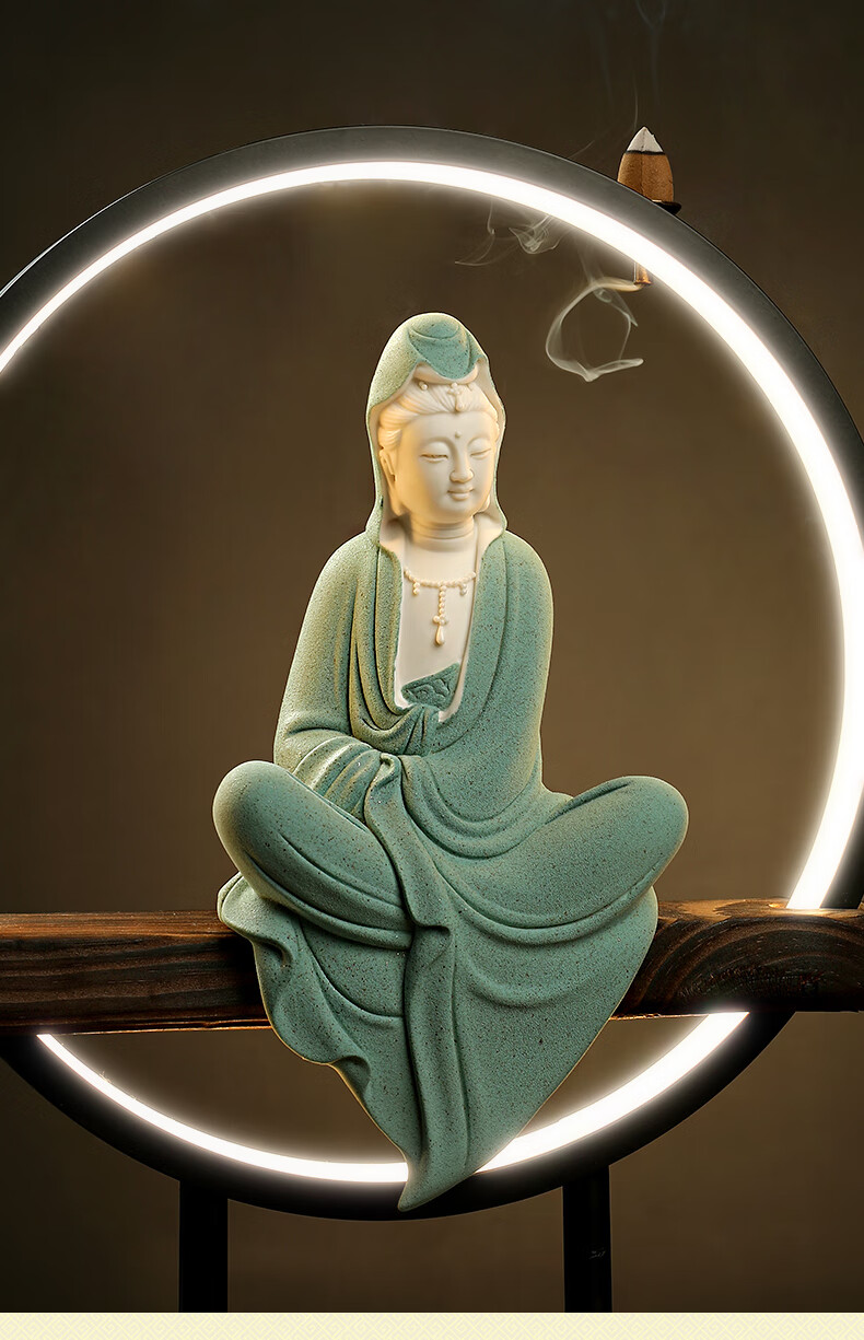 东方泥土陶瓷禅意小观音菩萨佛像摆件新中式客厅装饰工艺品灯圈kd5
