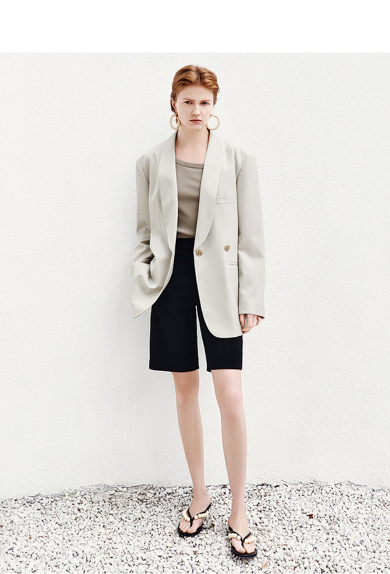 edition宽肩西装外套女2022夏新款青果领腰带款西服女绅士西装 橄榄石