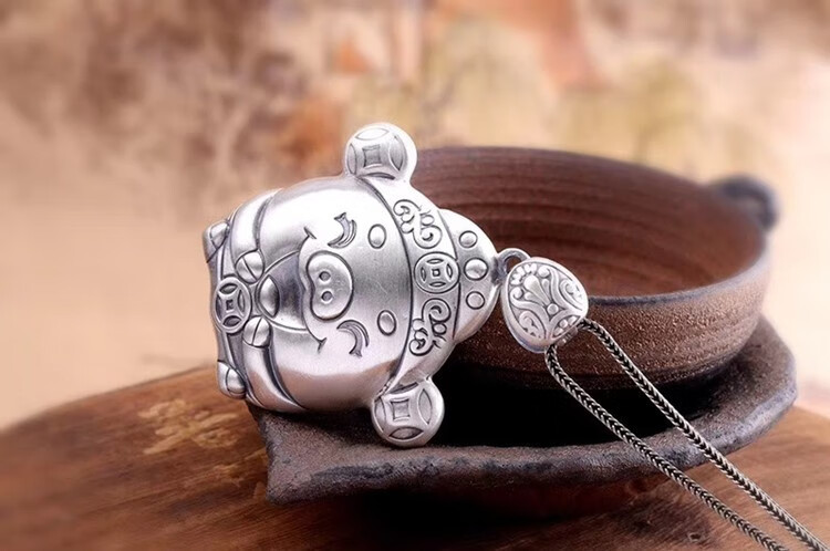 卡通小猪银吊坠女 吊坠银坠子复古如意福气猪吊坠妈妈女友 七夕礼物