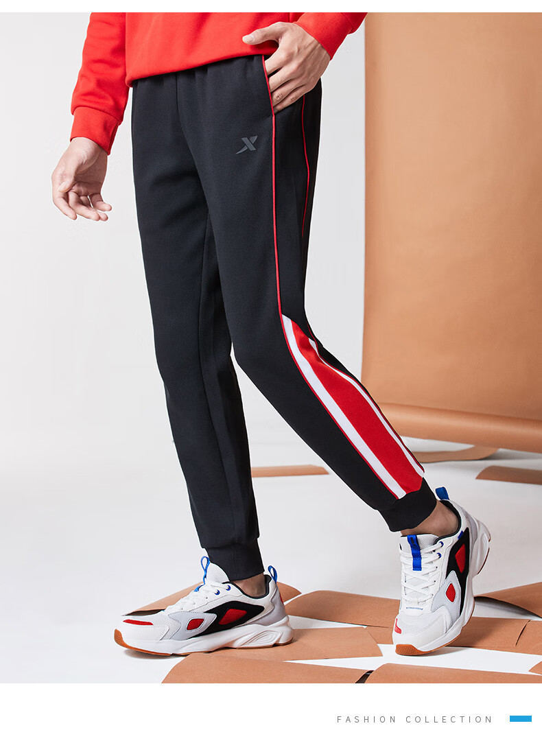 特步男裤运动裤男休闲裤秋季宽松收口针织长裤侧边拼接运动休闲裤子男