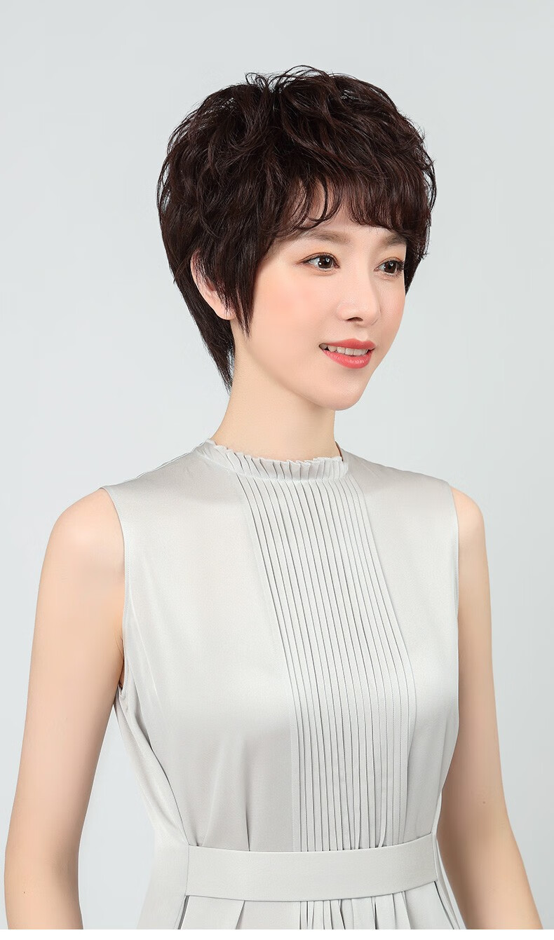简爱(easihair) 假发女真发短发 斜刘海纹理短卷发女士假发套女中老年