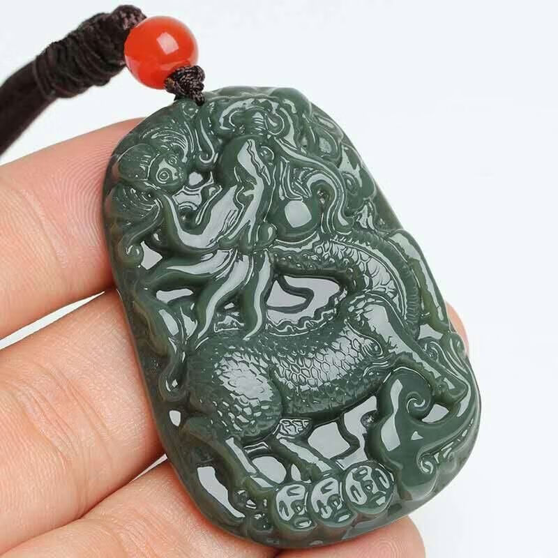 彩寇 新疆和田玉青玉麒麟送福吊坠玉佩男女款两款随机发货福利特价