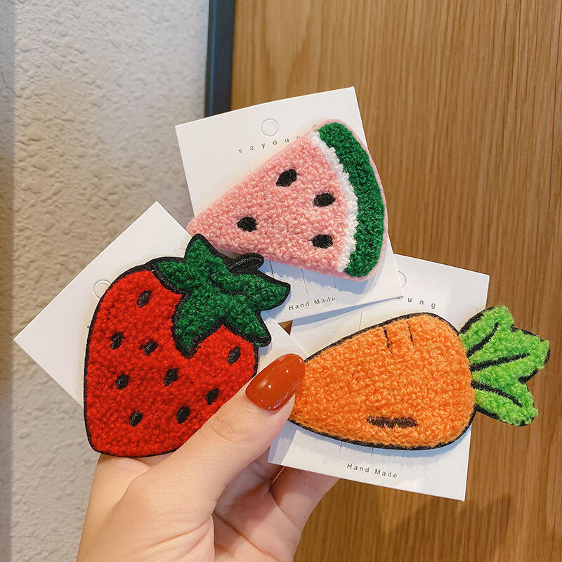 win)儿童水果发夹可爱针织毛线bb夹刘海夹网红卡通草莓发卡夹子头饰