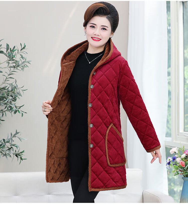 精选冬季妈妈装棉袄加厚加绒夹棉保暖罩衣中老年女装中长款金丝绒棉服