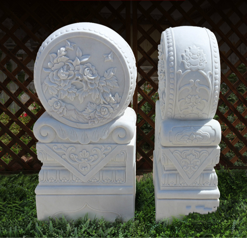 石雕门墩一对汉白玉抱鼓石庭院招财摆件富贵花开天然大理石石墩 100*