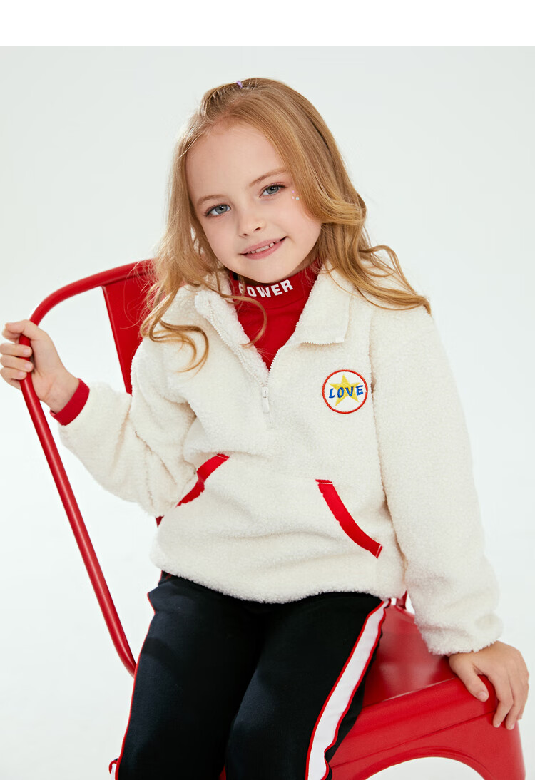 小猪班纳女童羊羔绒卫衣洋气半开襟套头上衣2020年秋冬装新款 浅米杏