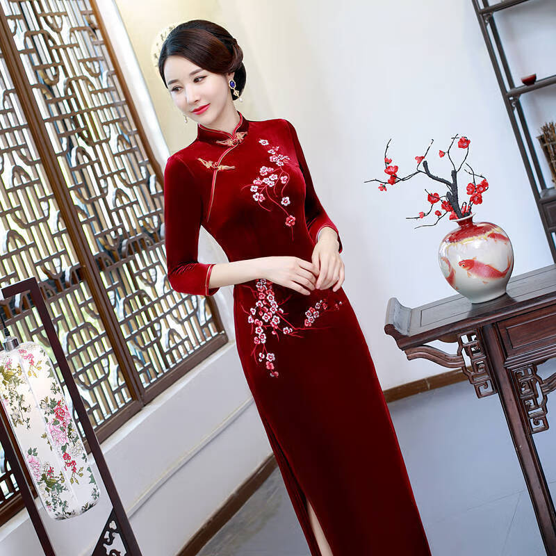 加绒加厚旗袍女改良风秋冬长款中年女旗袍连衣裙绣花礼服sn6491枣红色