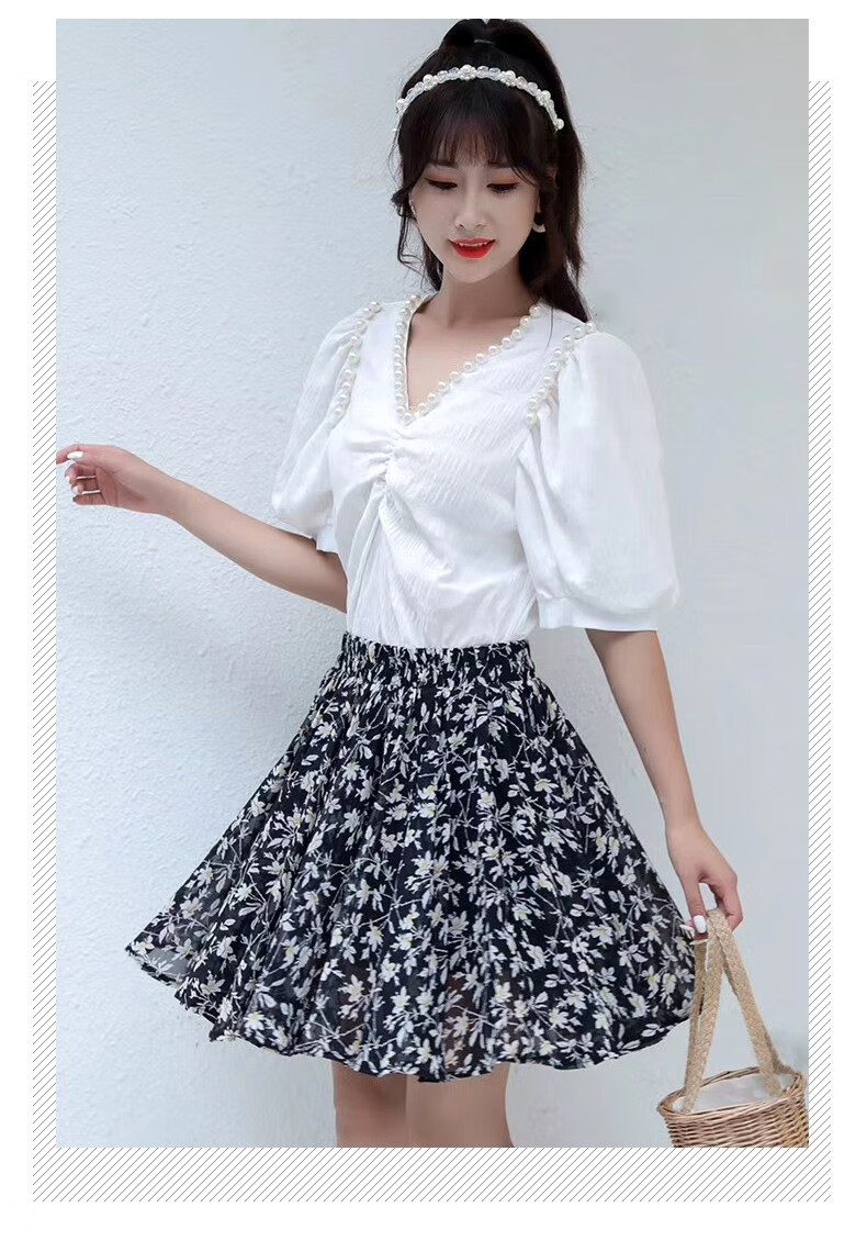 雪纺短裙女半身裙夏新款松紧高腰印花a字裙碎花百褶裙bhf2932白底花色