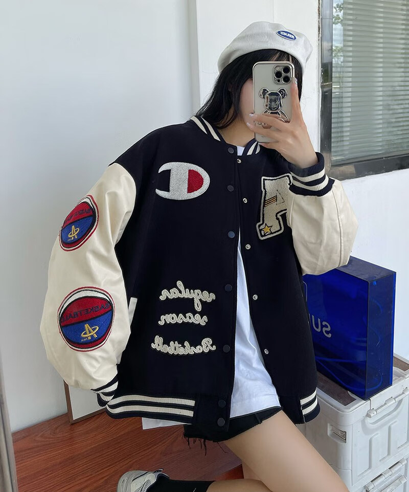 champion 日版冠军棒球服女字母植绒刺绣外套新款情侣pu皮拼色夹克