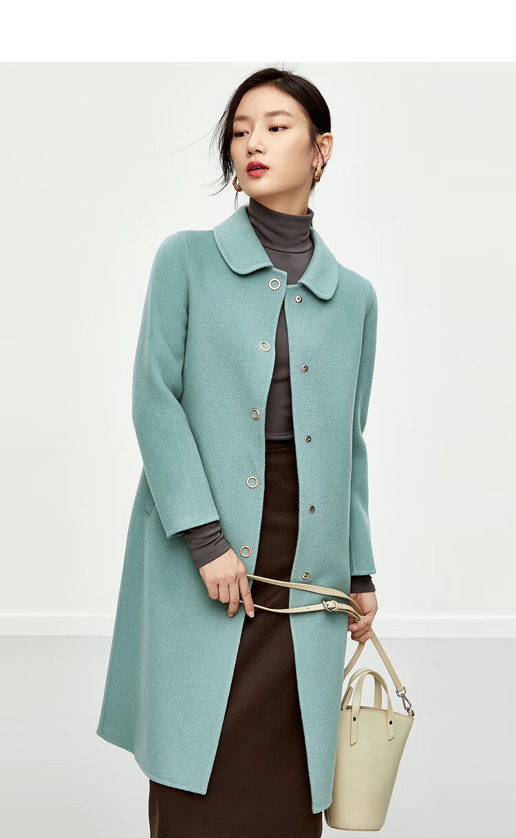 年冬季新款100%羊毛双面呢大衣女宽松a字显瘦中长款毛呢外套 天青色 s