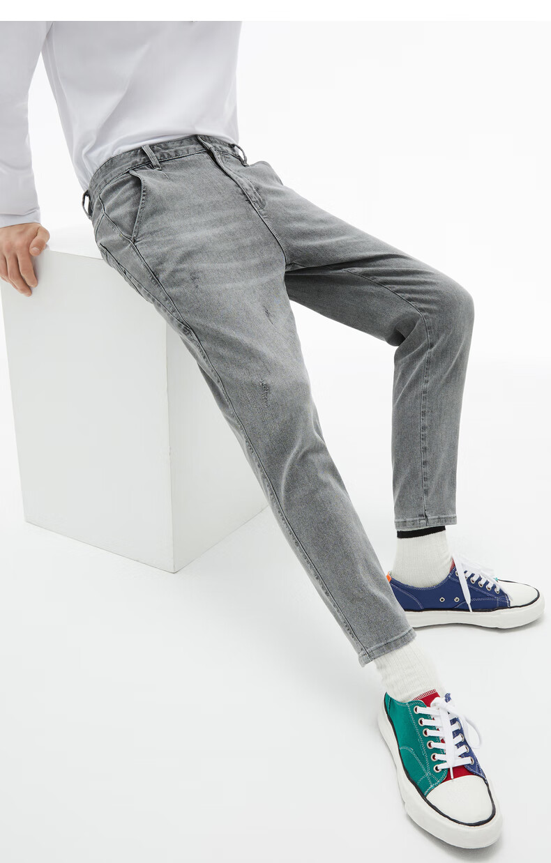 商场同款gxgjeans男装2020秋季新款浅灰色直筒型牛仔裤男刺绣基础休闲