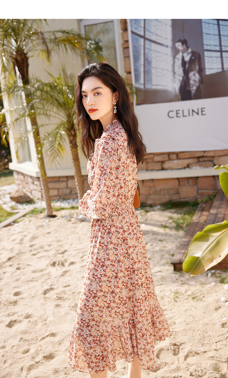 伊芙丽碎花连衣裙早春温柔女2022年法式港风复古春茶歇裙春季裙子桔粉