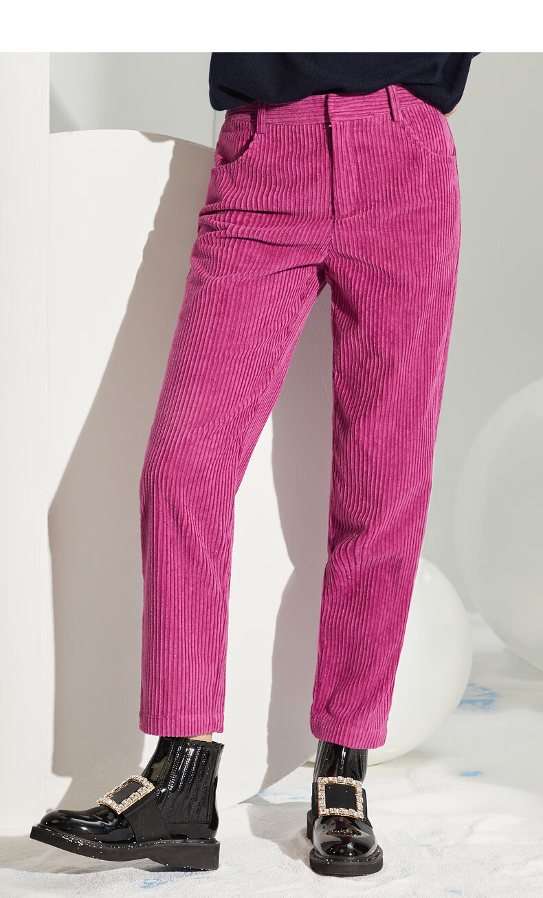 xg雪歌粉色直筒灯芯绒裤子女2021年秋冬季新款垂感休闲裤加绒卫裤 梅