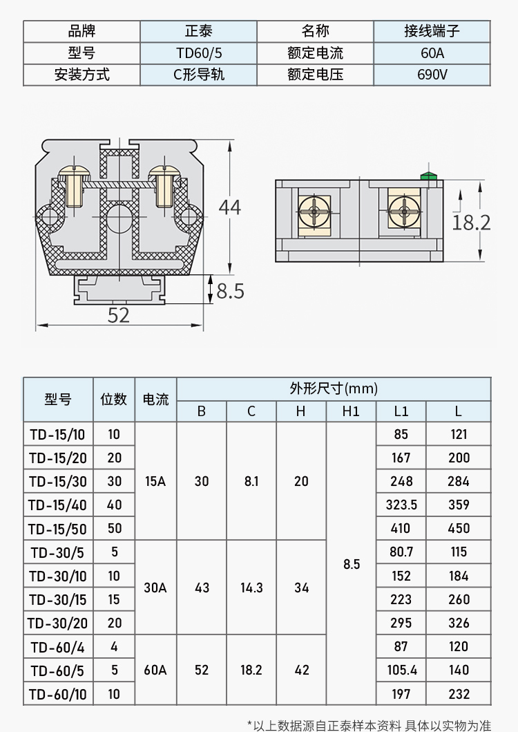 正泰导轨式接线端子连接器接线排td1530153060atd3015