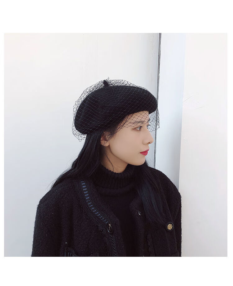 网纱贝雷帽子秋冬画家帽英伦仿羊毛呢蓓蕾帽 网纱贝雷帽-卡其【图片