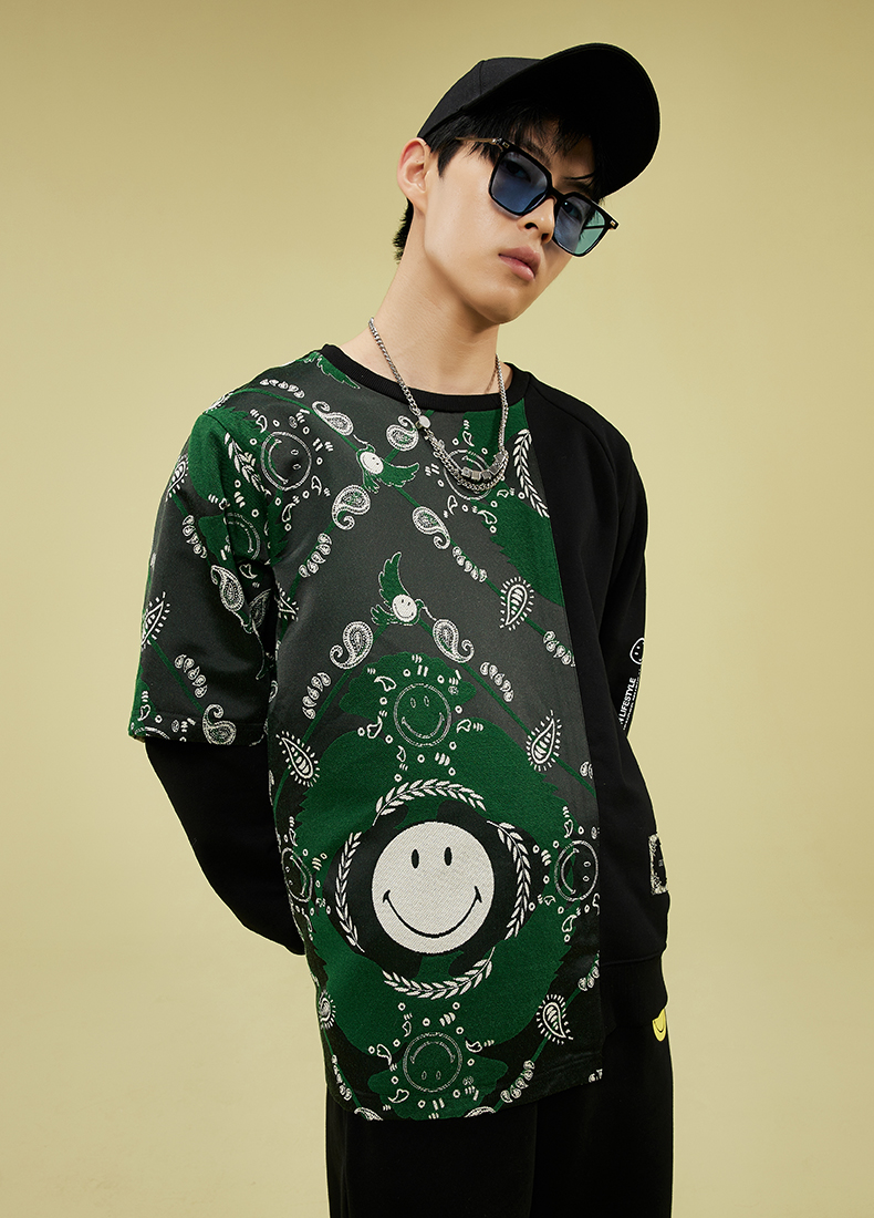 smiley笑脸腰果花卫衣2022春季新款圆领撞色拼接情侣套头上衣潮灰色xs