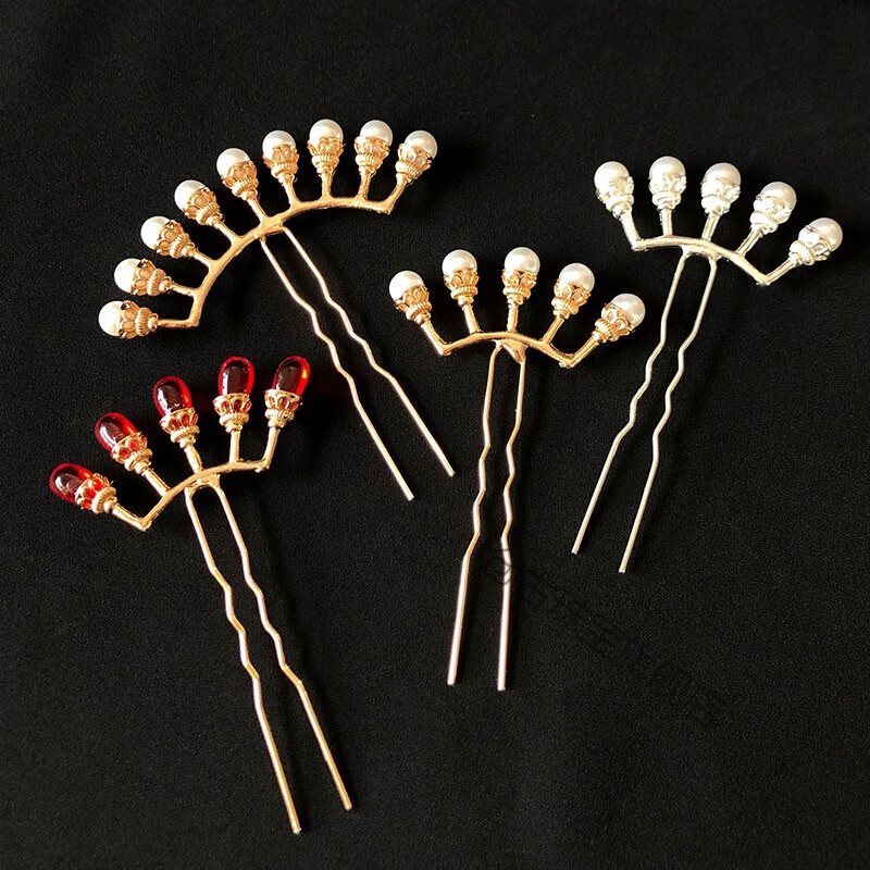 头饰古风发饰发冠套装珍珠排钗排簪珠钗发钗簪子明制古装配饰银色五珠