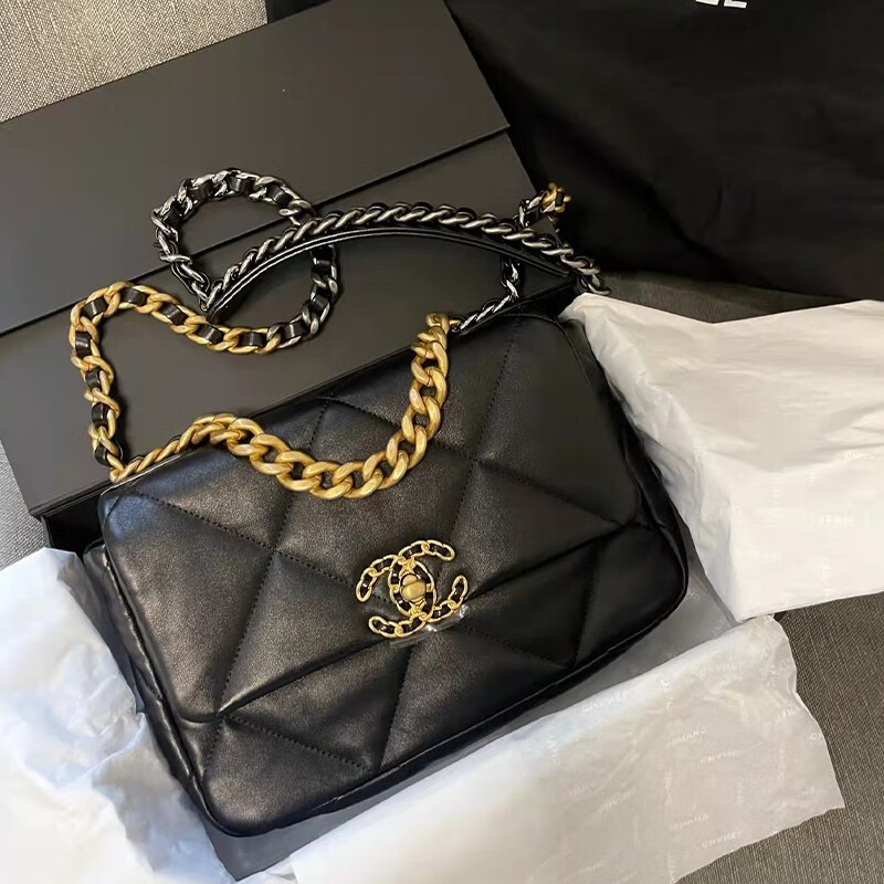 香奈儿chanel女包19bag黑色羊皮菱格翻盖包肩背包同款预售送老婆送女