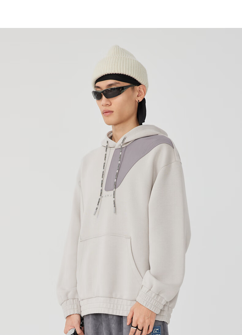 商场同款cabbeen卡宾男装休闲连帽卫衣拼接刺绣潮h衣多穿浅灰色