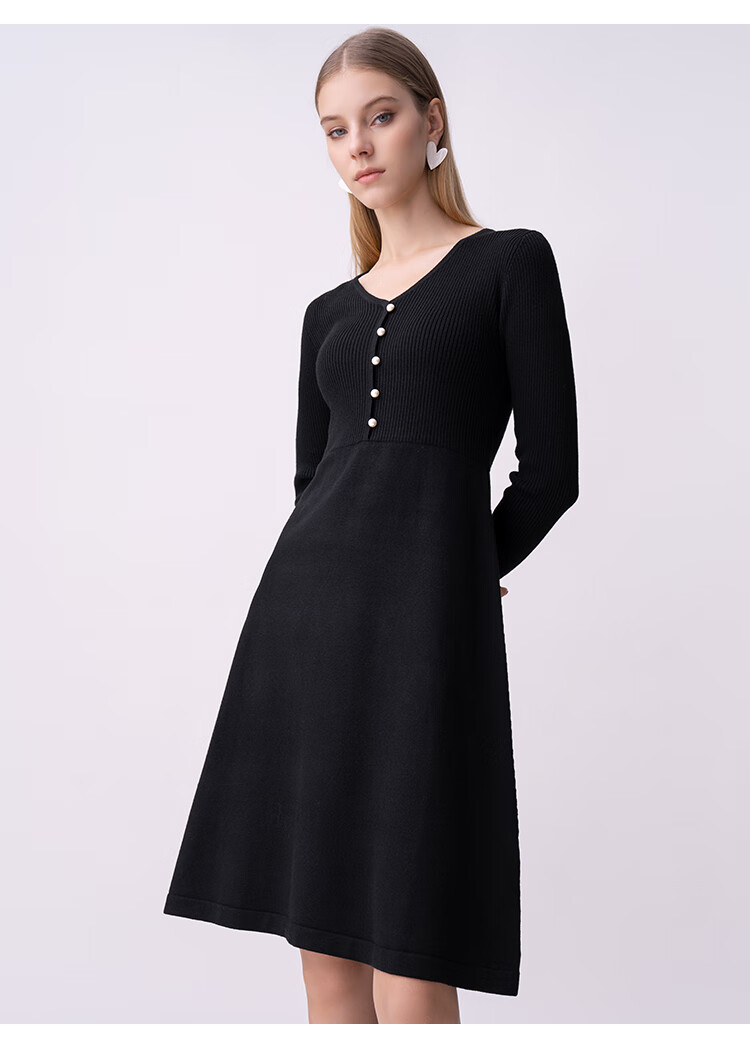 hr赫莲娜女装2022春季新款简约气质百搭打底收腰针织长袖连衣裙女黑色